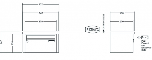 RENZ Briefkastenanlage Aufputz, Tetro, Edelstahl V4A, Kastenformat 370x220x270mm, 1-teilig